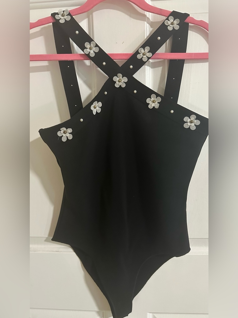 Zara Black Bodysuit with White Floral Embellishments